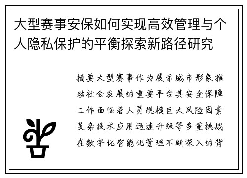 大型赛事安保如何实现高效管理与个人隐私保护的平衡探索新路径研究
